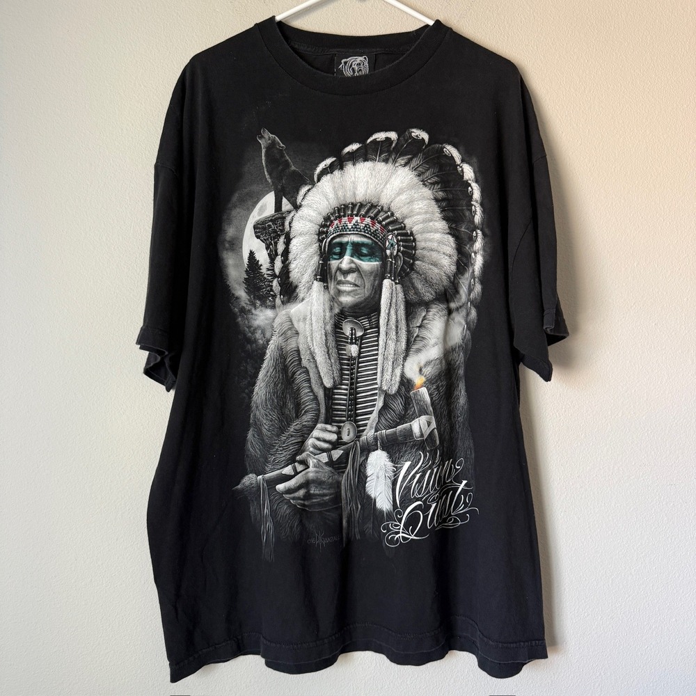DGA David Gonzales Art Native American Chief Wolf Bear Black Graphic T-Shirt 2XL